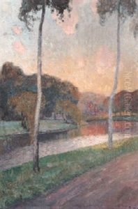 A Wooded River Landscape At Sunset by Frits Van Den Berghe