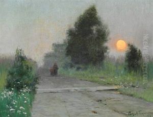 Russian Evening Landscape With Mother And Child On A Country Road At Sunset by Richard Alexandrovich Bergholz