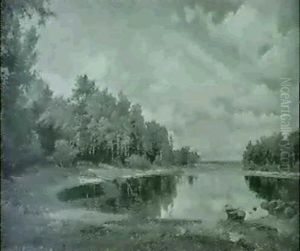 Svensk Landskab Med So Omkranset Af Birketraeer by Gustava-Elisabeth Bergman