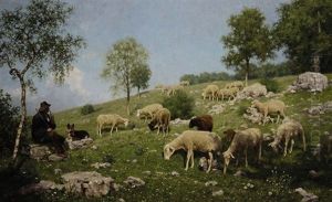 Schafer Mit Herde Auf Sonniger Wiese by Julius Hugo Bergmann