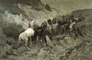 Ungarischer Pferdetrieb Im Hohlweg by Julius Hugo Bergmann