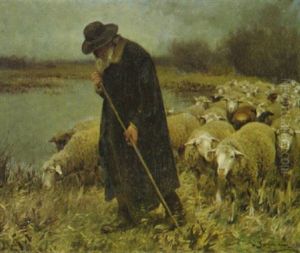 Schafer Mit Seiner Herde Am Ufer Eines Teiches