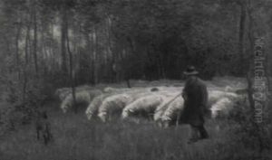 Schafer Mit Herde Im Wald