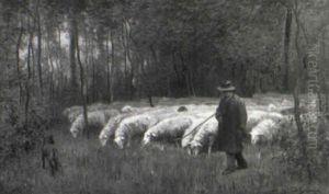 Schafer Mit Herde Am Waldesrand
