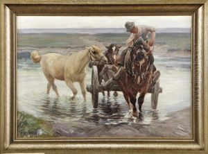 Bauer Mit Pferden Und Fuhrwerk Beim Durchqueren Einer Furt by Max Bergmann
