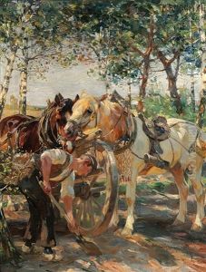Bauer Mit Zwei Pferden In Spatsommerlicher Landschaft