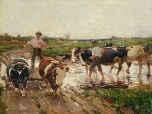 Zwei Burschen Mit Kuhen An Der Furt by Max Bergmann