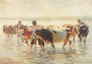 Bauern Mit Kuhen In Einer Furt by Max Bergmann