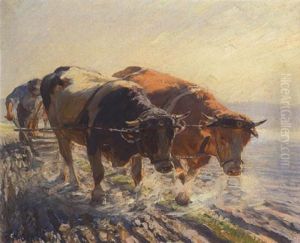 Bauer Mit Ochsengespann Beim Pflugen by Max Bergmann