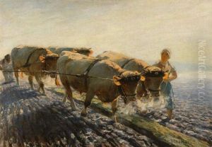 Bauernpaar Mit Ochsengespann Beim Pflugen by Max Bergmann