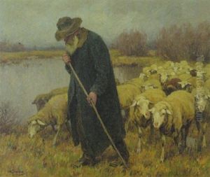 Schafer Mit Seiner Herde Am Ufer Eines Teiches In Herbstlicher Landschaft