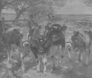 Ein Hirte Fuhrt Seine Kuhherde Uber Einen Sandigen, Sonnenbeschienenen Feldweg by Max Bergmann
