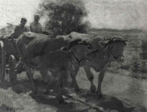 M,chtiges Ochsengespann Mit Heuwagen by Max Bergmann