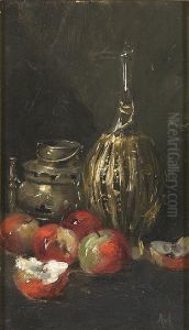 Still Life With Winebottle And Apples. by George Charles Aid
