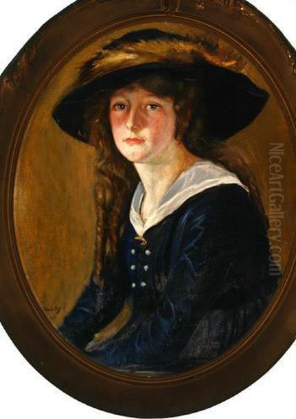 Portrait Of A Young Woman Wearing A Blue Dress And Fur-trimmed Hat - view 1