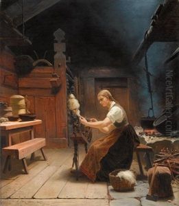 Kvinne Ved Rokken I Bondeinterior (woman Spinning Wool) by Knud Larsen Bergslien