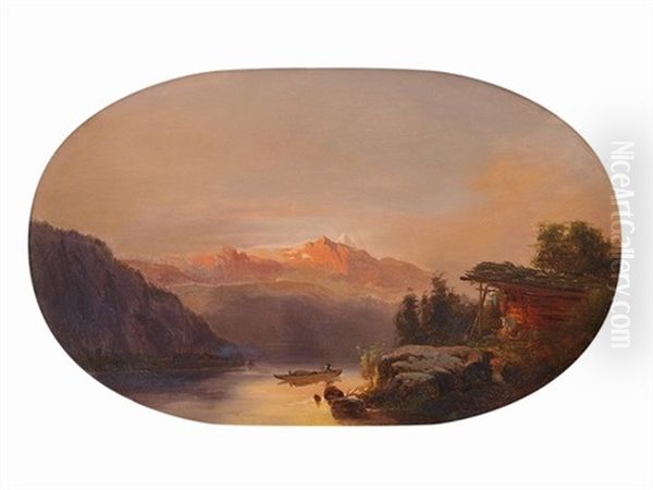 Gebirgslandschaft Im Abendrot Mit Ruderboot Und Holzhutte Am Ufer - view 1