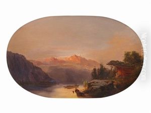 Gebirgslandschaft Im Abendrot Mit Ruderboot Und Holzhutte Am Ufer by Amanda Bergstedt