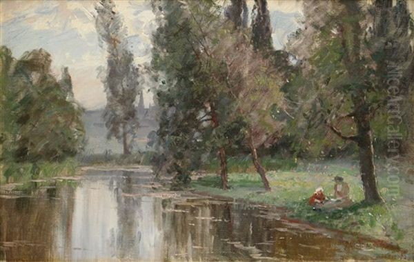 Franskt Varlandskap Med Mor Och Barn Vid Flodbank - view 1