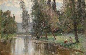 Franskt Varlandskap Med Mor Och Barn Vid Flodbank by Alfred Mauritz Bergstroem