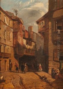 Town Scene With Cobblestone Road by Tony-Francois de Bergue
