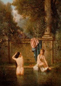 Bathers Being Observed Over The Garden Wall by Tony-Francois de Bergue