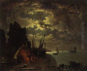 Fisherfolk Before A Fire At Low Tide, In A Moonlit Coastal Inlet by Tony-Francois de Bergue