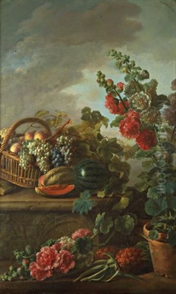 Nature Morte Au Panier De Peches Et Raisins, Pasteque Sur Un Entablement Et Roses Tremieres Dans Un Pot, Ananas - view 1