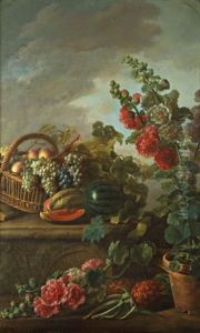 Nature Morte Au Panier De Peches Et Raisins, Pasteque Sur Un Entablement Et Roses Tremieres Dans Un Pot, Ananas by Antoine Berjon