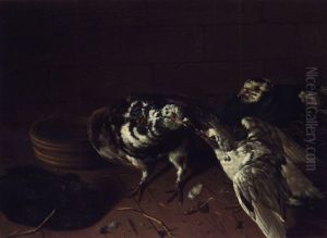 A Pigeon Feeding Her Young In A Courtyard by Antoine Berjon