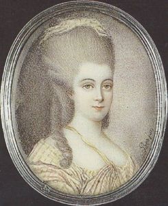 A Lady Wearing Decollete Yellow Fress With Pink Stripes And Matching Handkerchief In Her Powdered Hair