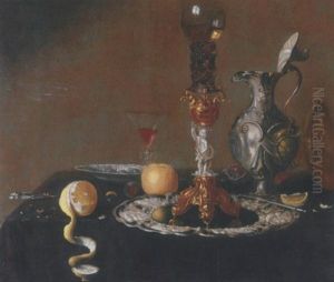 A Gilt Bekerschroef Holding A Roemer, An Overturned Tazza, A Silver Jug And Dish, Two Facon-de-venise Glasses, A Partly-peeled Lemon, An Orange And A Pomegranate On A Draped Table by Gillis van Berkborch