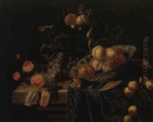 Nature Morte Au Plat De Delft, Peches, Raisins Et Fleurs