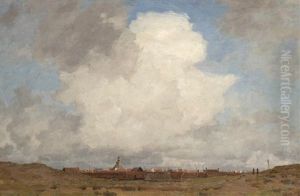 Figures Walking In An Atmospheric Dutch Landscape by Ludolph Berkemeyer