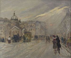 A Winter's Evening, London Street Scene With Figures, Horse Drawn Carriages And Omnibus by Antal Berkes