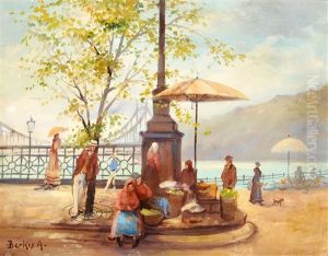 Budapester Strassenszene, Im Hintergrund Die Freiheitsbrucke by Antal Berkes