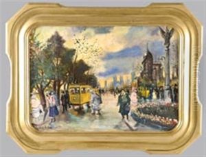 Vielfigurige Strassenszene Um Die Jahrhundertwende In Dramatischem Abendlicht by Antal Berkes