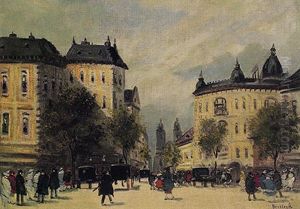 Besonnter Boulevard Mit Zahlreichen Kutschen Und Personen An Einem Herbsttag
