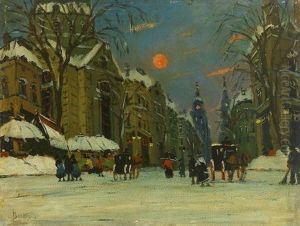 Strasenszene Mit Zahlreichen Passanten Und Fuhrwerk Im Winter