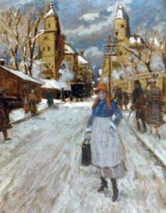 Figures In A Winter Street Scene by Antal Berkes