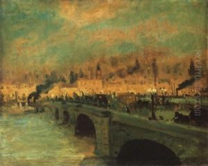 A Parizsi Szajna-part Lampagyujtaskor (the Banks Of The Seine In Paris By Lamplight) by Antal Berkes