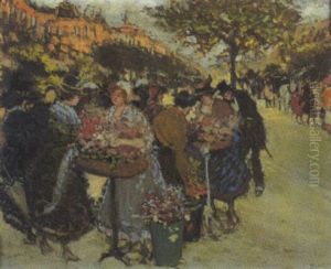 Belebte Strassenszene by Antal Berkes