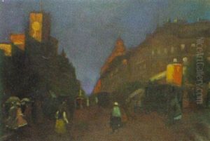 Belebter Platz In Paris Bei Abendlicht by Antal Berkes