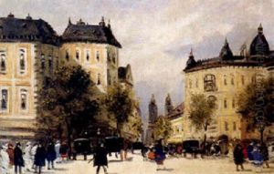 Besonnter Boulevard Mit Zahlreichen Kutschen Und Personen