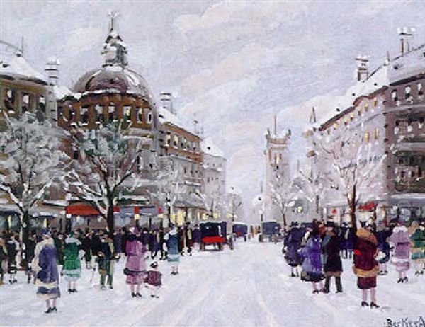 Verschneiter Boulevard Mit Lebhaftem Treiben - view 1