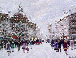 Verschneiter Boulevard Mit Lebhaftem Treiben