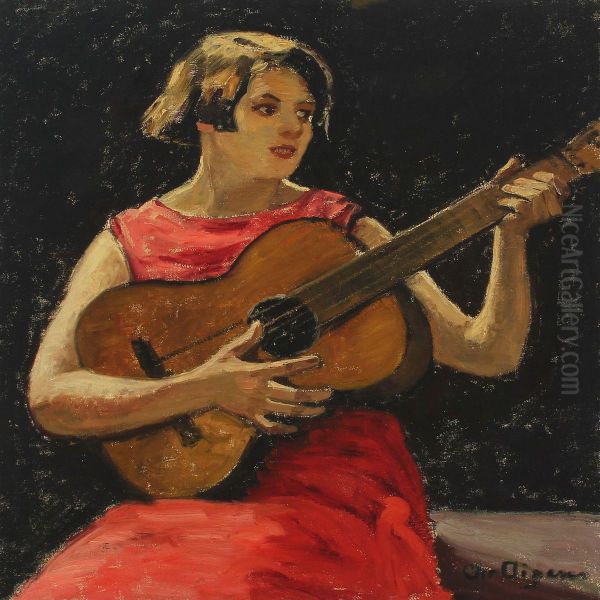 Young Girl In Red Dress Playing The Guitar - view 1