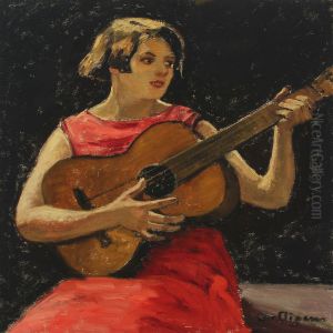 Young Girl In Red Dress Playing The Guitar by Christian Aigens