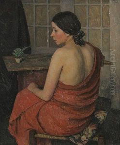 Sitzender Weiblicher Ruckenakt Mit Rotem Tuch by Rudiger Berlit
