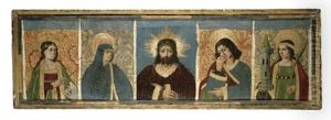 Christ Flanked By Saint Margaret Of Cortona, The Virgin, Saint John And Saint Barbara by Bartolome (de Cardenas) Bermejo